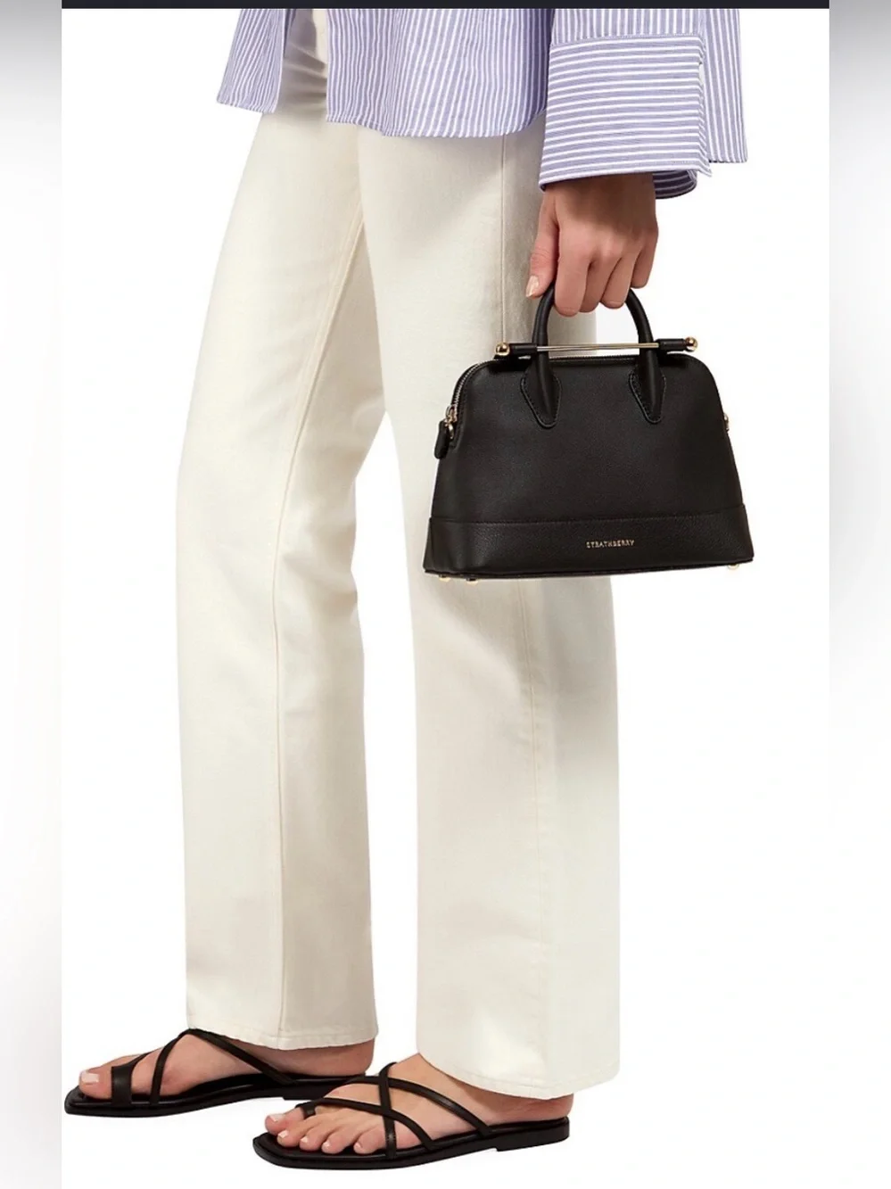 Strathberry Black Leather Dome Satchel with Gold Hardware